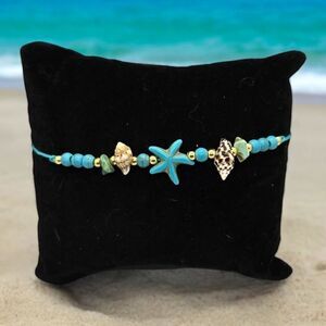 Turquoise Starfish Shell Beaded String Charm Bracelet Adjustable Summer Beach